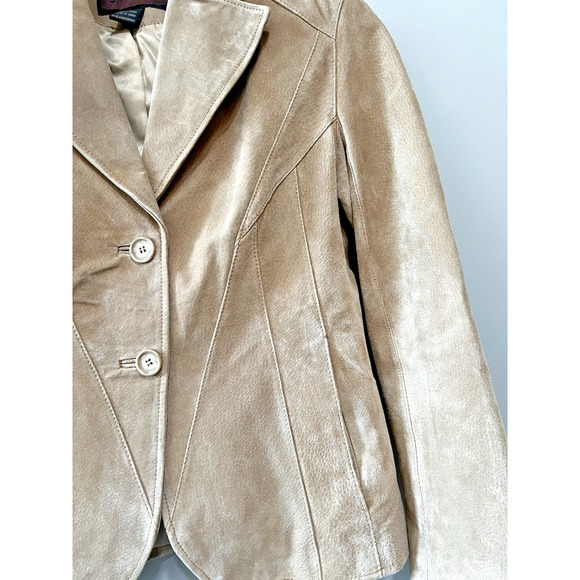 Women's 90s Suede leather Jacket Blazer Tan Beige feminine stitch detail Sz-4 - Picture 6 of 8